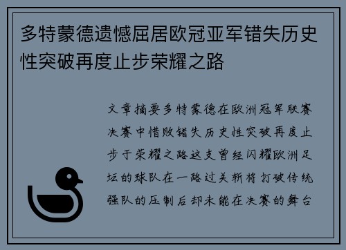 多特蒙德遗憾屈居欧冠亚军错失历史性突破再度止步荣耀之路 多特蒙德遗憾屈居欧冠亚军错失历史性突破再度止步荣耀之路